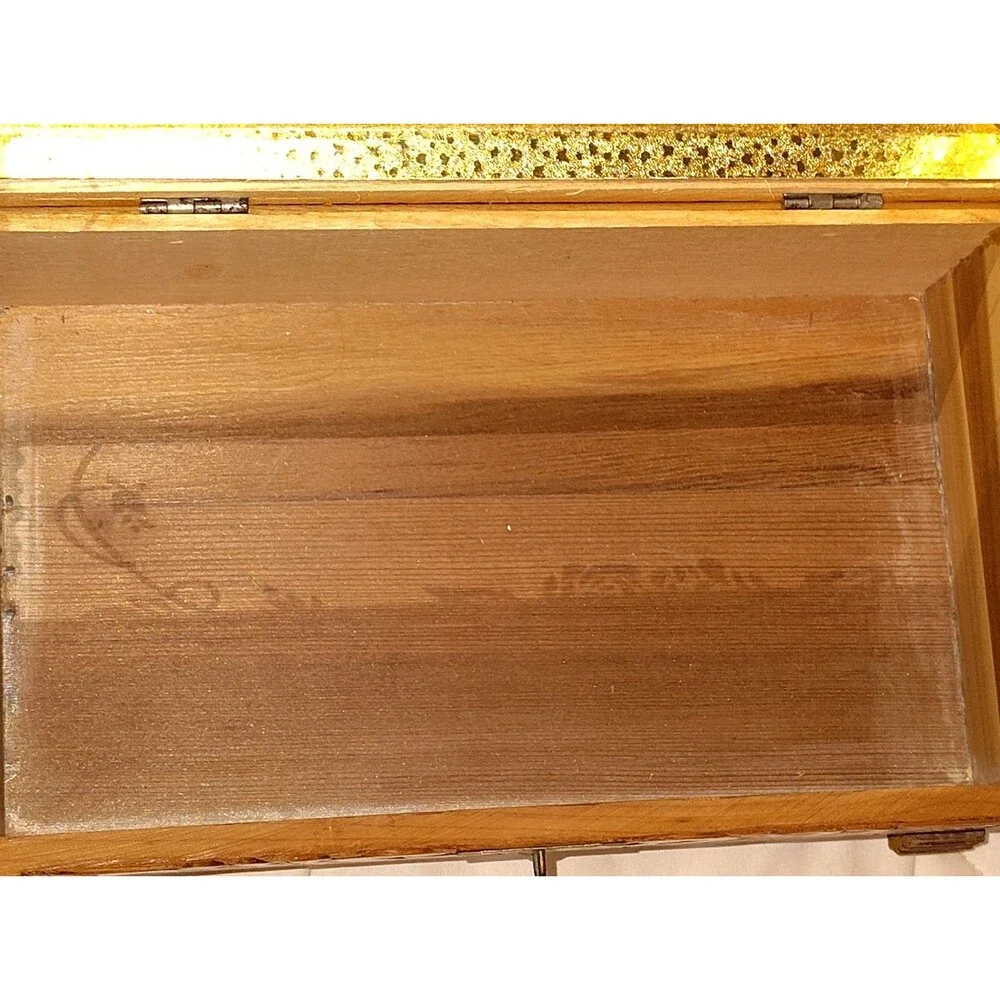 Vintage Mid-Century Carved Cedar Jewelry Box with Cottage Scene Interior Mirror